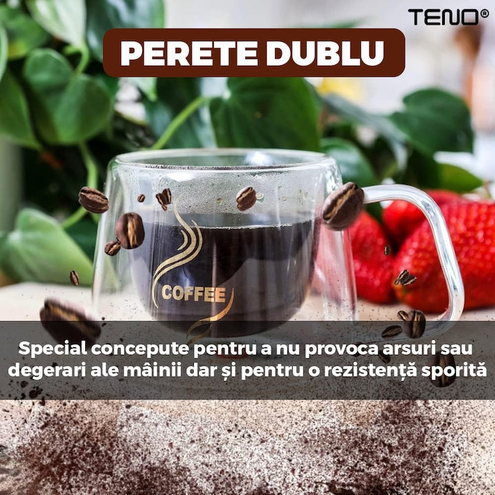 Set 2 Cani de Sticla cu Perete Dublu Teno®, model COFFEE, design modern, termorezistente, capacitate 200 ml, 12 x 8 cm