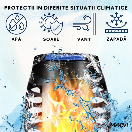 Lampa solara Macvi® 72 LED-uri cu efect flacara, baterie 1200mAh, senzor crepuscular, impermeabila, ideala pentru curte si gradina