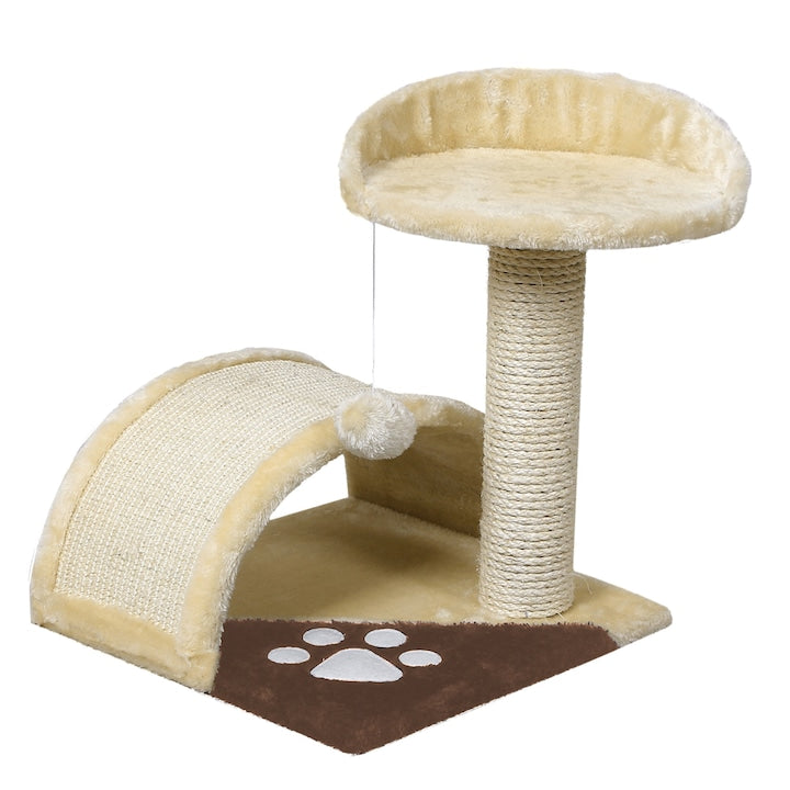 Ansamblu de Joaca pentru Pisici Teno®, 1 nivel, loc de relaxare, franghie si minge de joaca, stalpi pentru zgariat, captuseala extra moale, structura stabila, 42 cm, crem