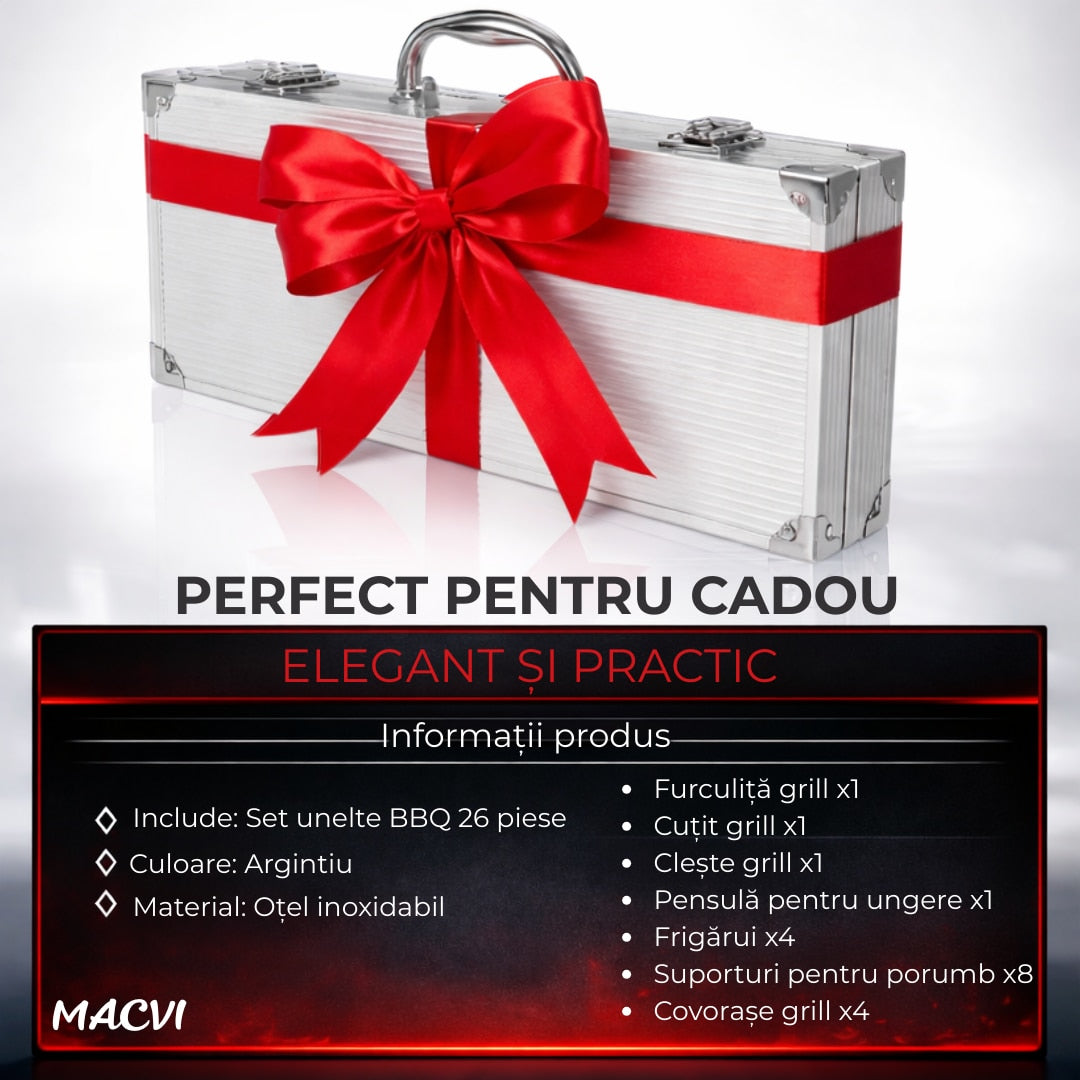Set accesorii gratar Macvi® 25 piese, otel inoxidabil premium, geanta transport aluminiu captusita 43x27x8cm