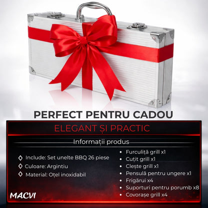 Set accesorii gratar Macvi® 25 piese, otel inoxidabil premium, geanta transport aluminiu captusita 43x27x8cm