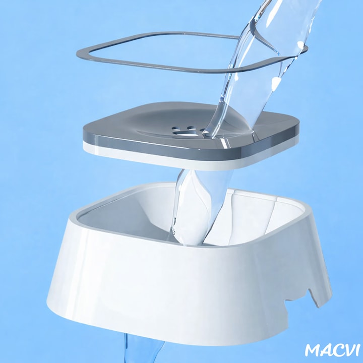 Bol Macvi® pentru apa, antistropire si antialunecare, 1.5 L, alb, pentru caini si pisici, plastic