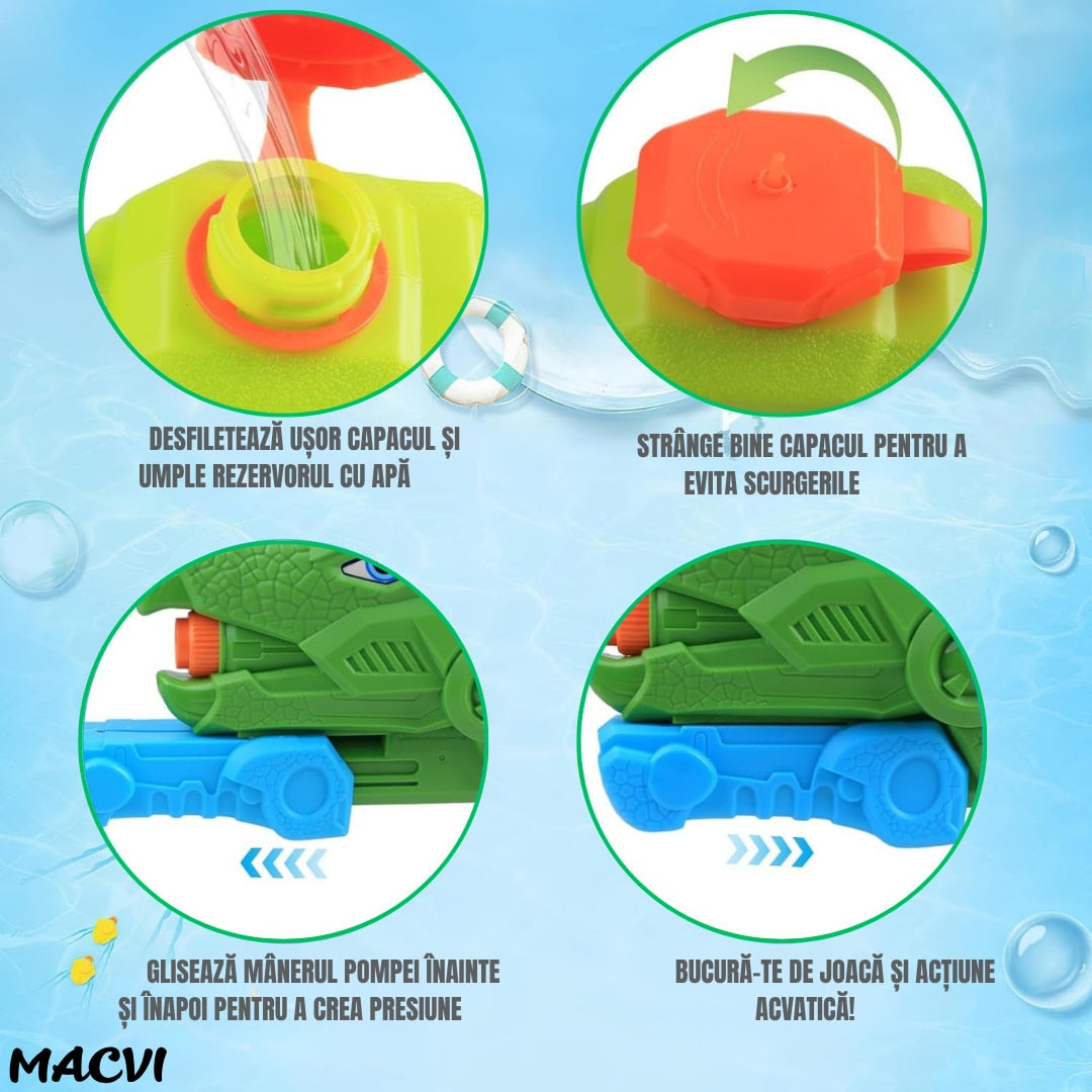Pistol cu apa Macvi® dinozaur, rezervor 1330 ml, 35 cm, 3 duze, raza actiune 8 m, PVC rezistent, durabil, +6 ani, verde moss