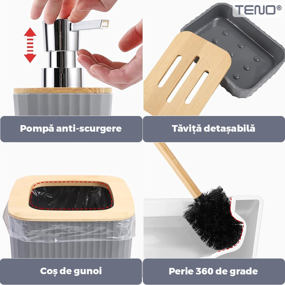 Set 6 Accesorii de Baie Teno, minimalist, detalii din bambus, gri