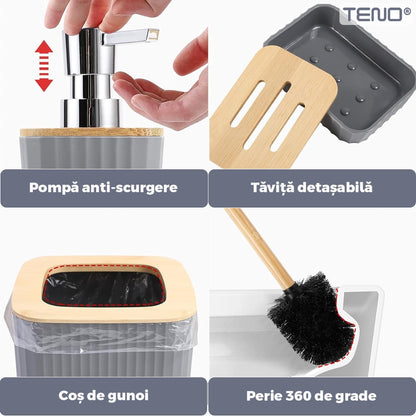 Set 6 Accesorii de Baie Teno, minimalist, detalii din bambus, gri