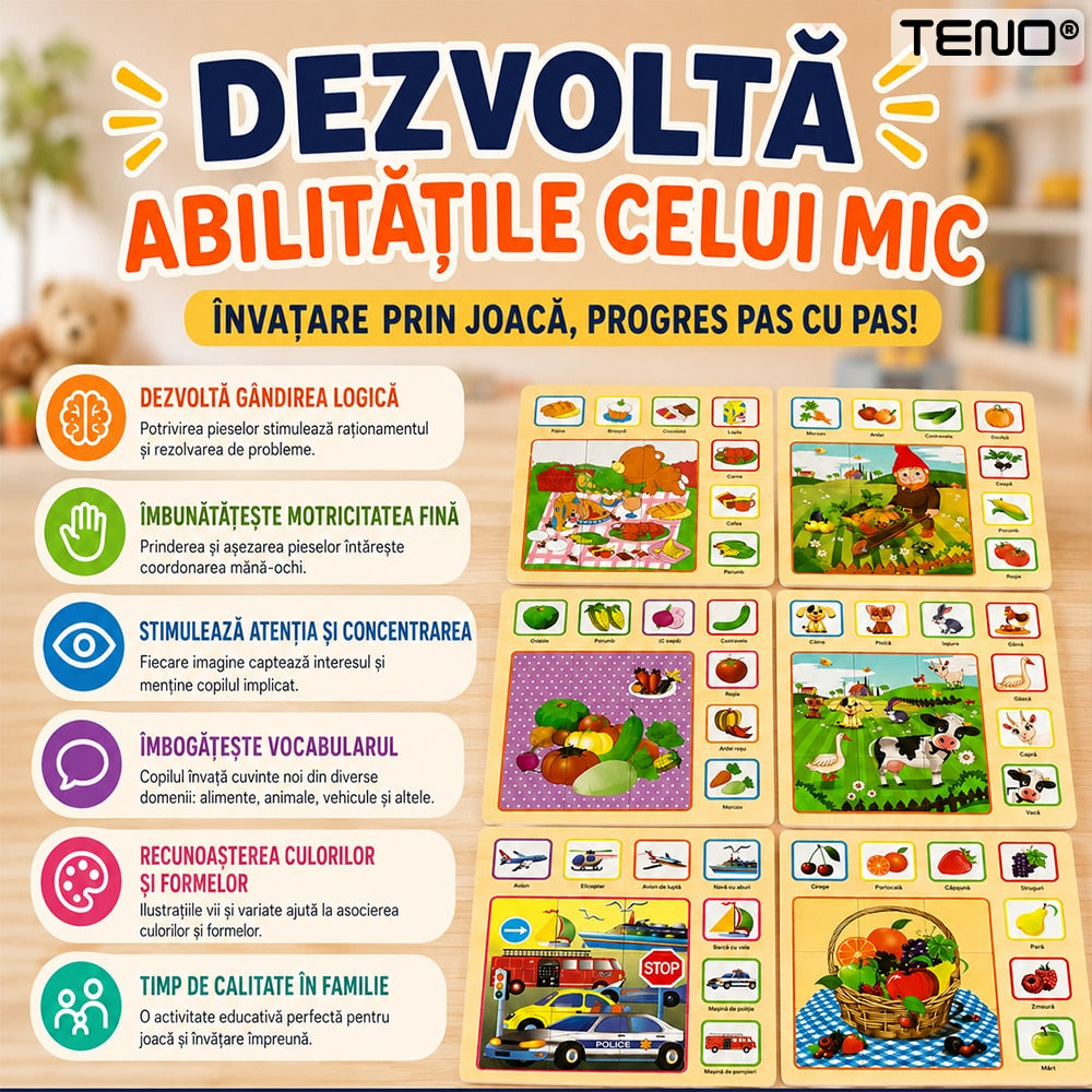 Set 6 Tablite Educationale Montessori Teno®, puzzle inteligent, diverse teme, din lemn, culori vibrante, dezvoltare cognitiva/inteligenta, multicolor
