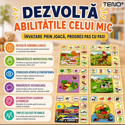 Set 6 Tablite Educationale Montessori Teno®, puzzle inteligent, diverse teme, din lemn, culori vibrante, dezvoltare cognitiva/inteligenta, multicolor