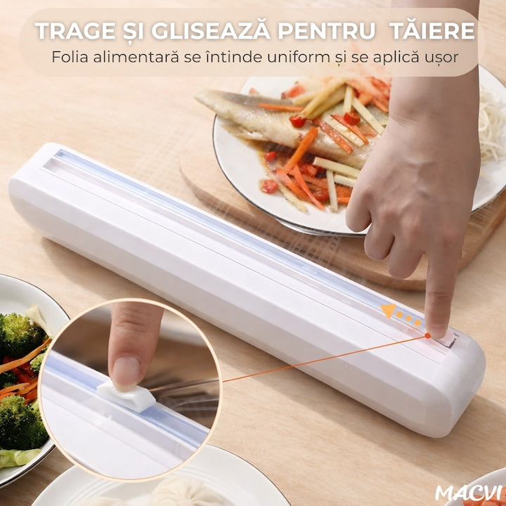 Dispenser folie alimentara, Macvi, 37cm, 12 ventuze antialunecare, alb