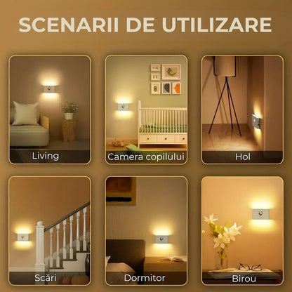 Lampa veghe Macvi® dreptunghiulara pentru perete cu senzor de miscare si senzor crepuscular, LED 3000K cu iluminare laterala, reincarcare USB-C pentru baie, dormitor si scari, 1 buc
