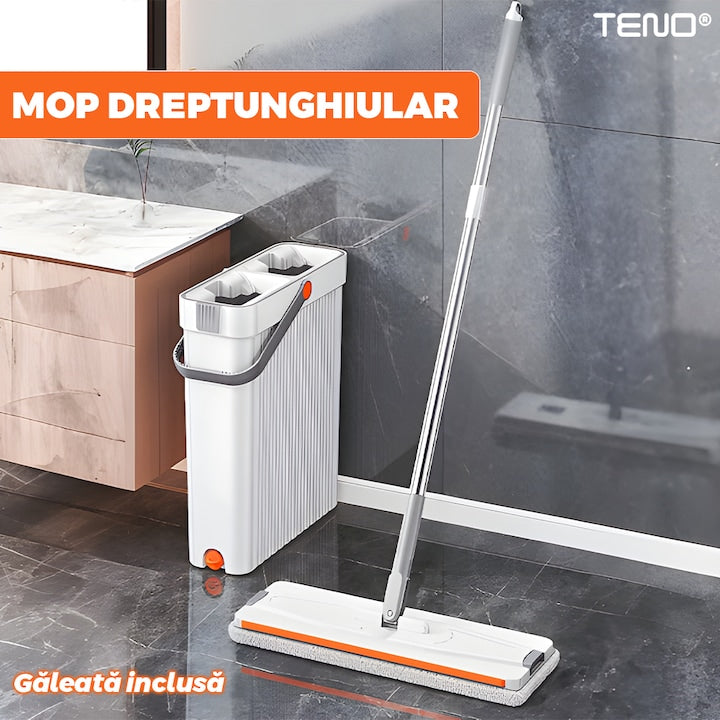 Set Mop si Galeata Teno, galeata dubla, mop plat din inox, alb