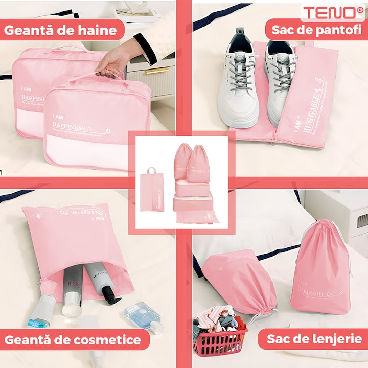 Set 6 Organizatoare Teno®, pentru calatorie, diferite marimi, bagaj de voiaj, valiza, troler, genti, haine, accesorii, inchidere cu fermoar dublu, plasa, roz