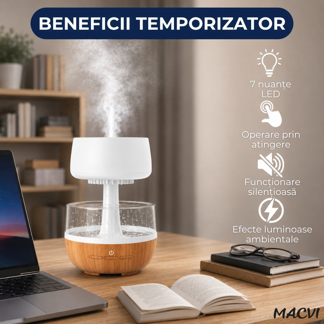 Umidificator decorativ cu efect de ploaie tip nor Macvi® cu LED 7 culori sunet ploaie, 0.3L, Cablu USB