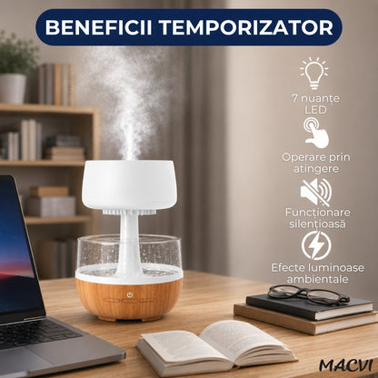 Umidificator decorativ cu efect de ploaie tip nor Macvi® cu LED 7 culori sunet ploaie, 0.3L, Cablu USB