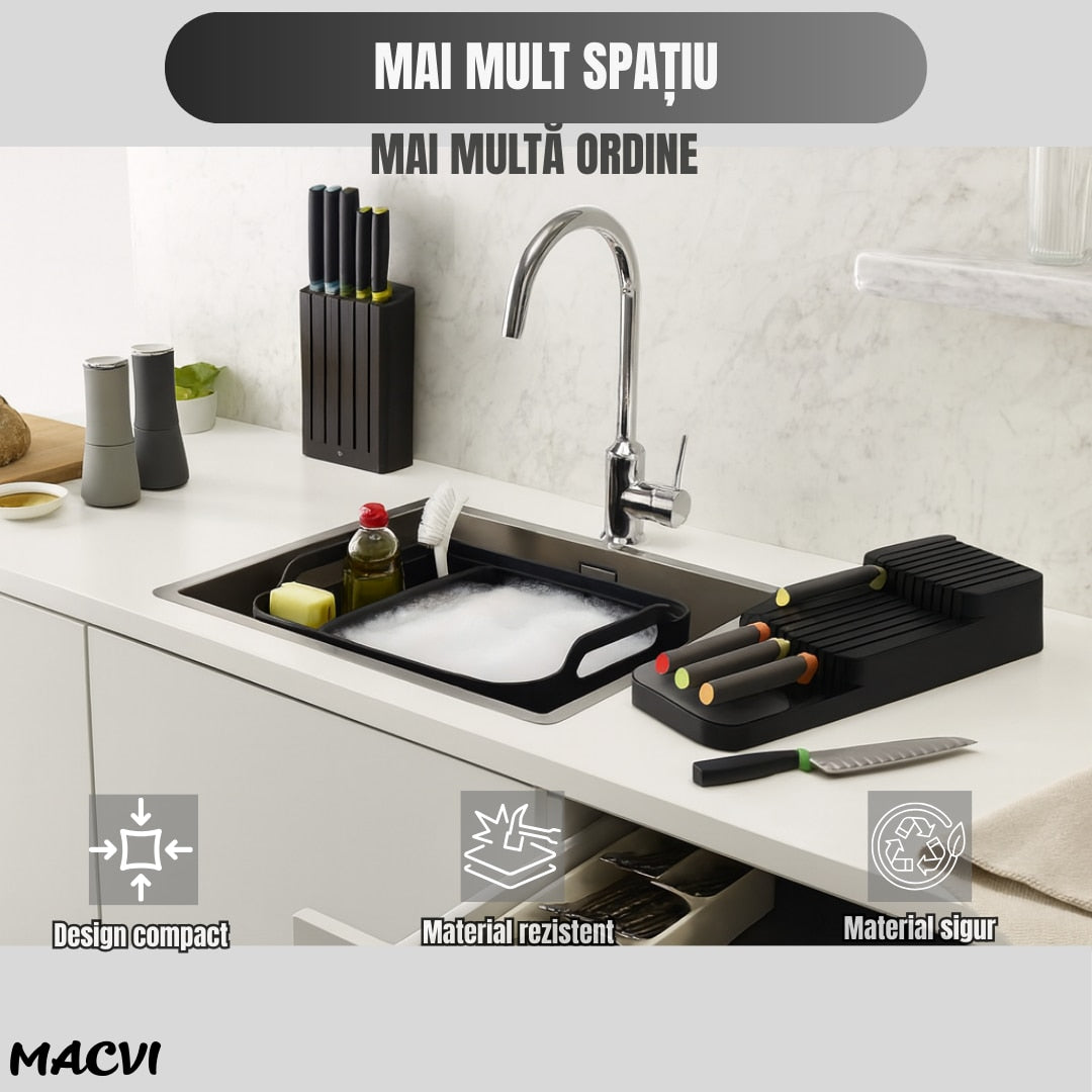 Suport sertar pentru cutite Macvi® organizator compact depozitare sigura material durabil design ergonomic stabilitate sporita economie de spatiu, negru