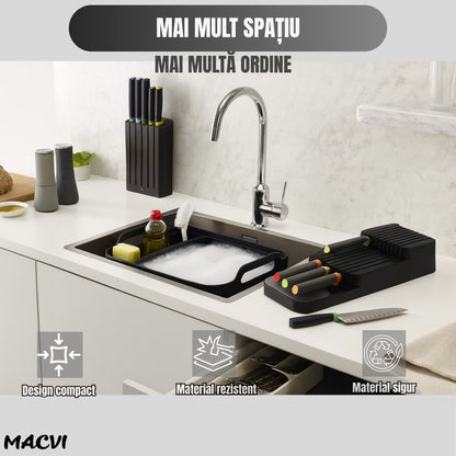 Suport sertar pentru cutite Macvi® organizator compact depozitare sigura material durabil design ergonomic stabilitate sporita economie de spatiu, negru