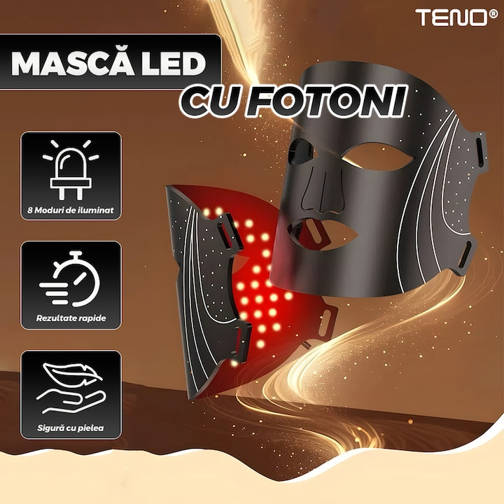 Masca Faciala cu Tratament LED Teno®, fototerapie, 8 moduri de iluminare, elimina ridurile si petele pigmentare, anti-acnee, anti-imbatranire, pentru toate tipurile de ten, negru