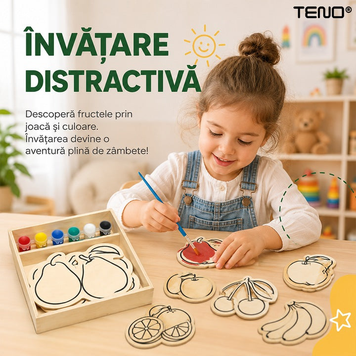 Set de Pictura Teno®, tematica fructe, din lemn, culori vibrante, dezvolta creativitatea, cutie de depozitare, acuarele incluse, multicolor