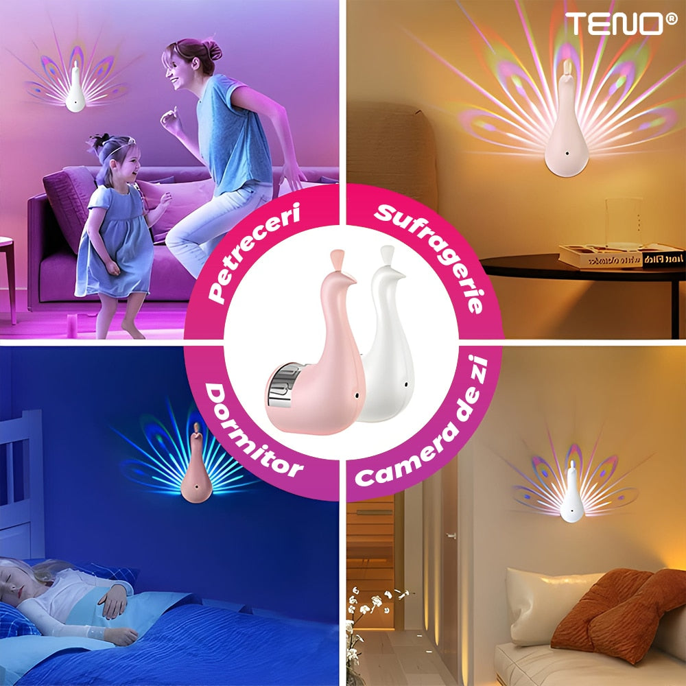 Lampa Proiector Teno®, model paun, alimentare la retea USB, lumini LED, diverse moduri de iluminare, montare usoara, control prin telecomanda/touch, temporizator, alb