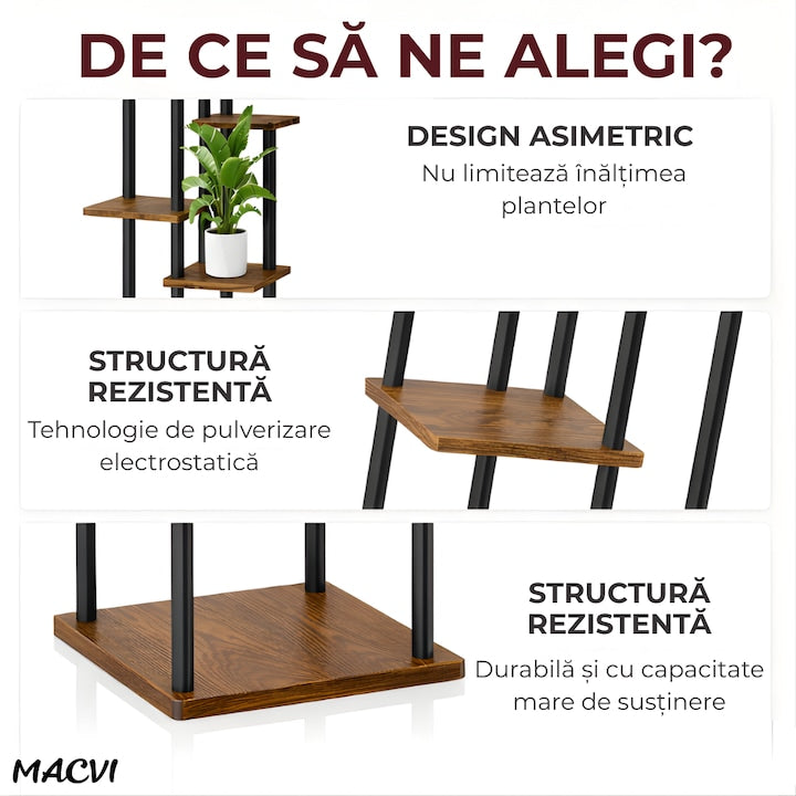 Suport plante Macvi® tip etajera asimetrica cu 6 rafturi, structura metalica rezistenta, rafturi lemn, suport flori interior, design modern pentru living balcon birou, 60x21.6x123 cm