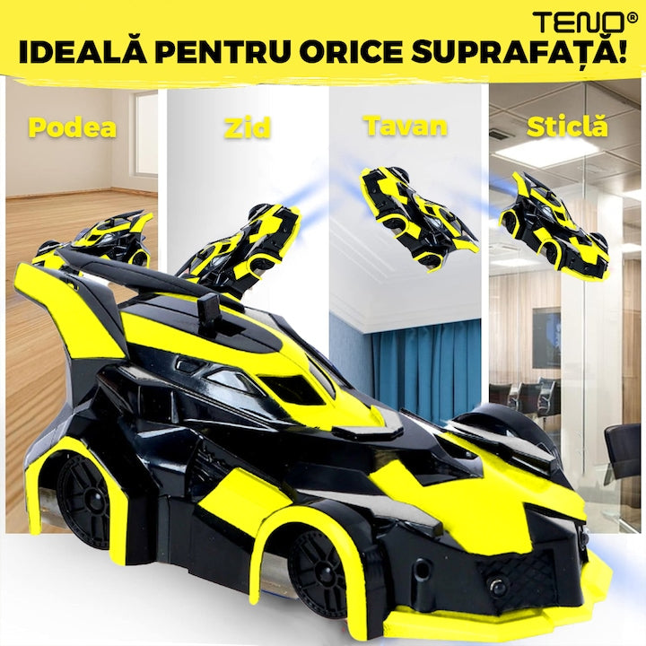Masinuta Antigravitationala cu Telecomanda Teno®, urcare pe pereti si tavan, compatibila cu orice suprafata, rotire 360 de grade, senzor infrarosu, incarcare cu port USB, telecomanda intuitiva, galben/negru