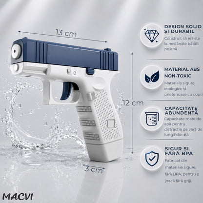 Pistol cu apa copii Macvi®, albastru cu alb, actionare manuala, jucarie vara exterior, dezvoltare dexteritate, 11.5 x 10 x 2.5 cm