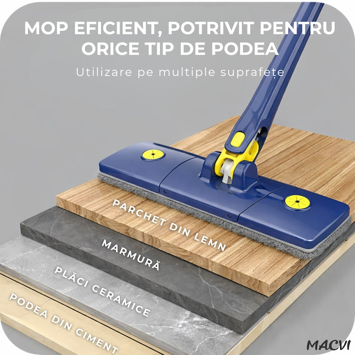 Mop Macvi® dreptunghiular cu stoarcere incorporata, telescopic, usor de curatat, 127 cm, albastru si galben