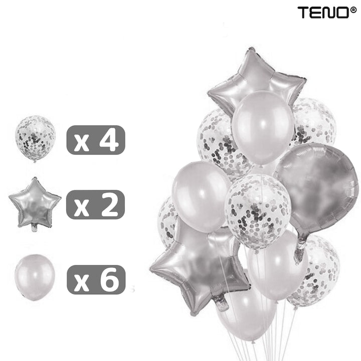 Set 25 Baloane Teno®, Litere, pentru Petreceri/Aniversari/Evenimente, confetti, stelute, model HAPPY BIRTHDAY, argintiu