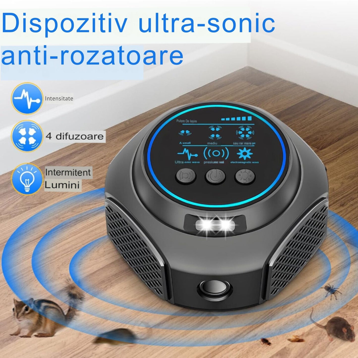 Aparat Ultrasunete Anti Daunatori Macvi® Anti Rozatoare Insecte Sobolani 300 m² 3 Trepte 360° Negru