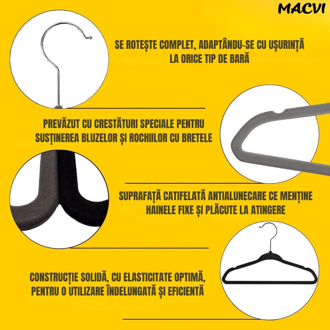 Set 16 Umerase Macvi® Catifea Antialunecare, Slim, cu Bara pentru Pantaloni si Scobituri, Carlig 360°, 44.5x23 cm, Gri/Negru