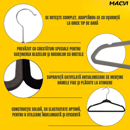 Set 16 Umerase Macvi® Catifea Antialunecare, Slim, cu Bara pentru Pantaloni si Scobituri, Carlig 360°, 44.5x23 cm, Gri/Negru