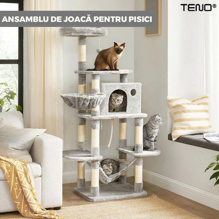 Ansamblu de Joaca pentru Pisici Teno®, tip turn,1 platforma de observatie, 4 niveluri, 1 casuta, scara, hamac, franghie si mingiuta de joaca, stalpi pentru zgariat, captuseala extra moale, structura stabila, 164 cm, gri deschis