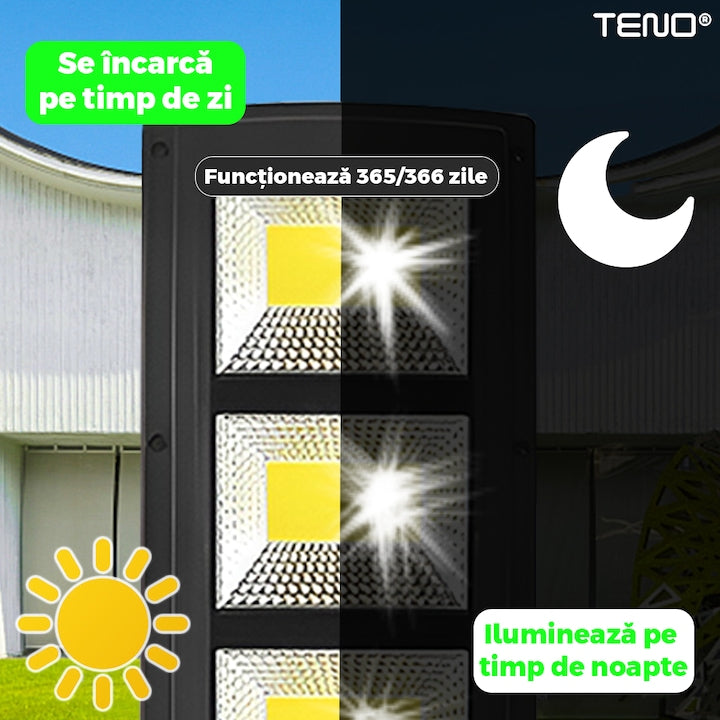 Lampa Solara Stradala 3 LED-uri Teno®, control prin telecomanda, senzor de miscare, 3 moduri de iluminare, protectie IP65, Waterproof, exterior, negru