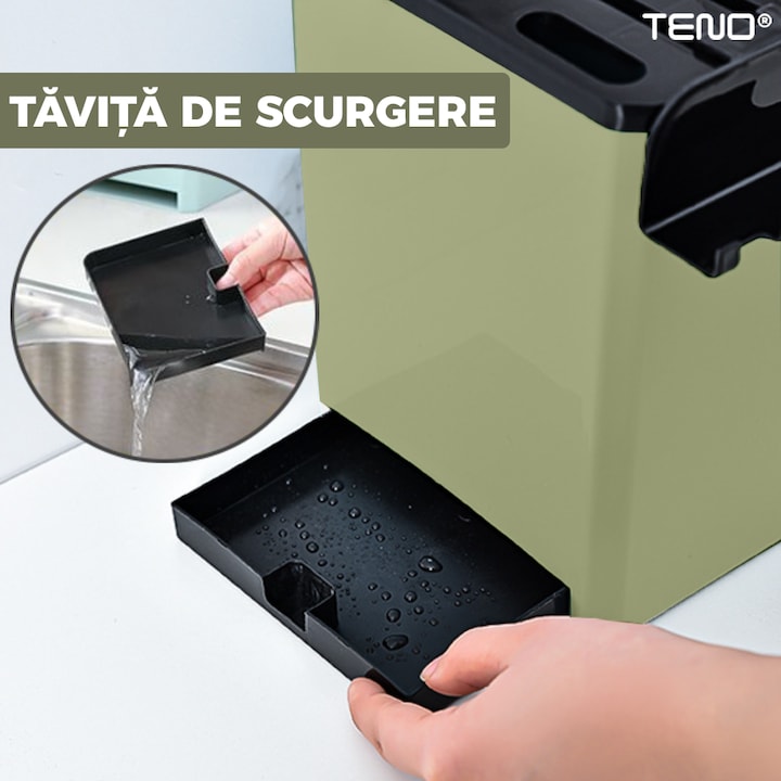 Organizator Multifunctional pentru Bucatarie Teno®, 4 Compartimente, raft condimente, suport detasabil telefon, tavita de scurgere, suport tacamuri/ustensile, verde deschis