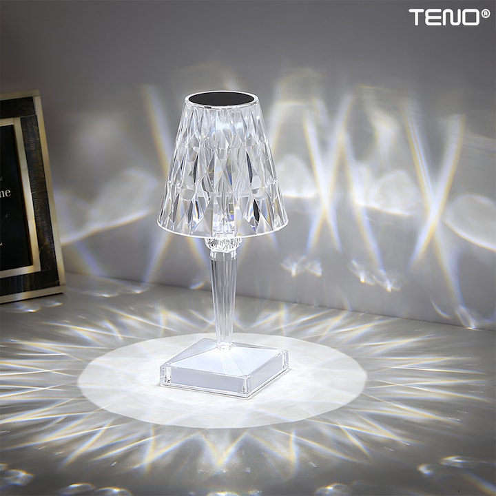 Lampa Ambientala Cristal LED Teno®, veioza, portabila, 3 moduri de iluminare, intensitate ajustabila, tactila, incarcare USB