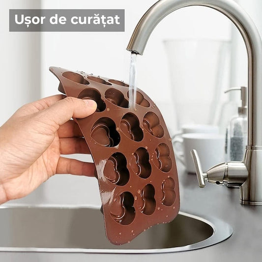 Set 4 Forme Ciocolata Silicon Macvi®, Antiaderente, Flexibile, BPA Free, Pentru Bomboane, Pralitine, Gheata, Maro