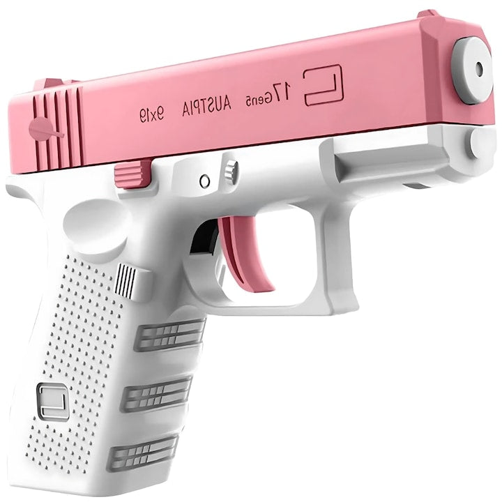 Pistol cu apa copii Macvi®, alb cu roz, actionare manuala, jucarie vara exterior, dezvoltare dexteritate, 11.5 x 10 x 2.5 cm