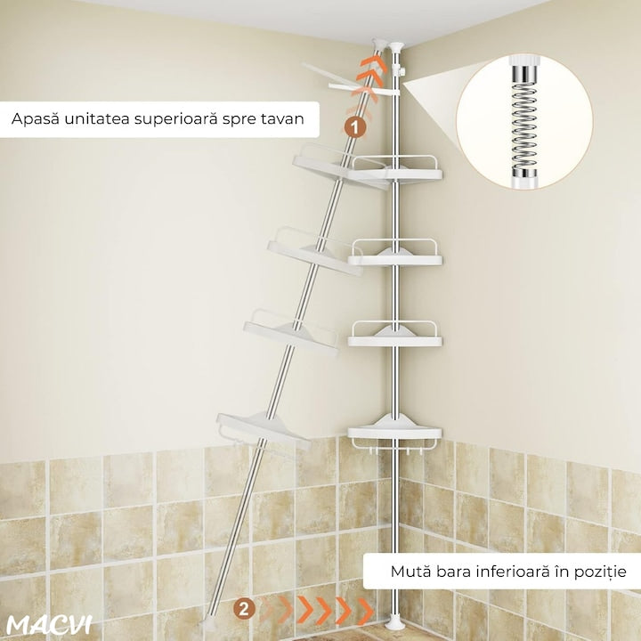 Etajera Extensibila Macvi® pentru Baie, 4 Polite si Umeras, Tip Coltar, 3 Carlige, 100-260 cm, Alb