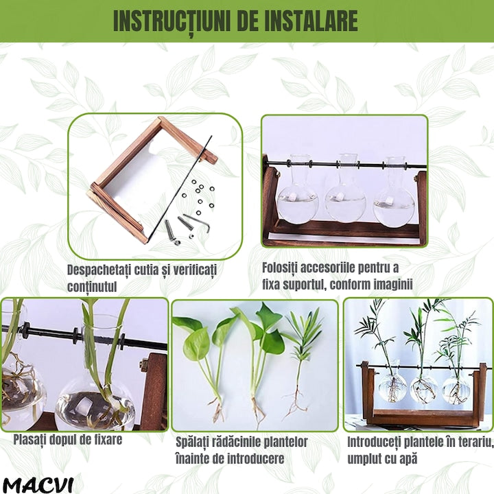 Vaza decorativa Macvi®, hidroponica cu 3 recipiente din sticla, suport din lemn pliabil, bej/transparent, 28x13.5 cm