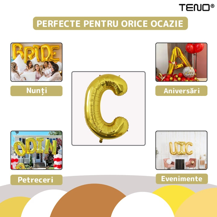 Balon in Forma de Litera C Teno®, metalizat, pentru Petreceri/Aniversari/Evenimente, rezistent, folie, gold, 40 cm