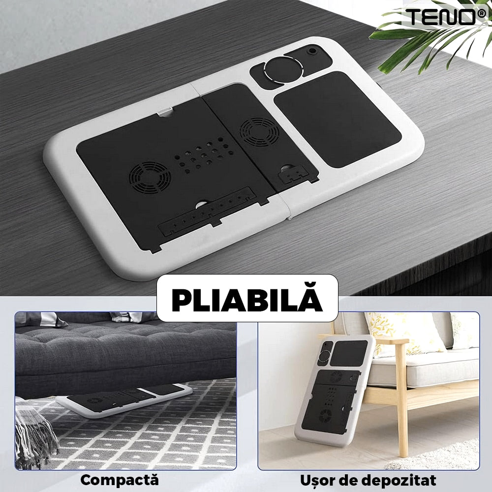 Masuta Universala Teno®, pliabila, pentru laptop/tableta/ mic dejun la pat, sistem cu fante de racire, suport pentru pahar, unghi reglabil, usor de depozitat, alb/negru
