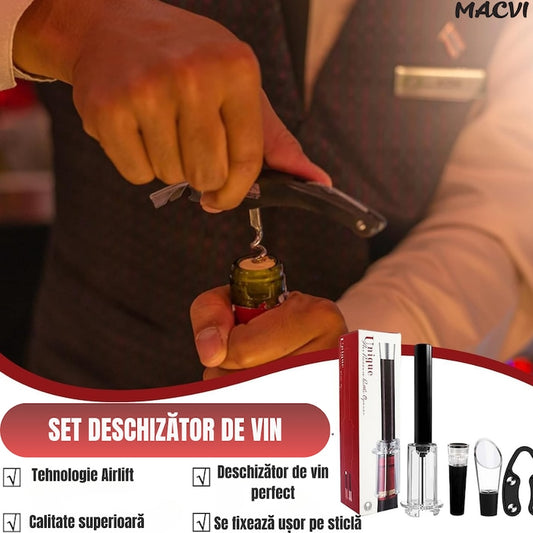 Set Deschizator de Sticle de Vin Macvi® 4 in 1, Tirbuson Profesional cu Taietor de Folie, Dop Vacuum si Picurator