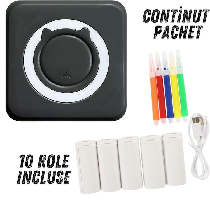 Imprimanta Termica Portabila MACVI, Bluetooth, Negru, 1200 mAh, Set 10 Role Hartie 57x25 mm
