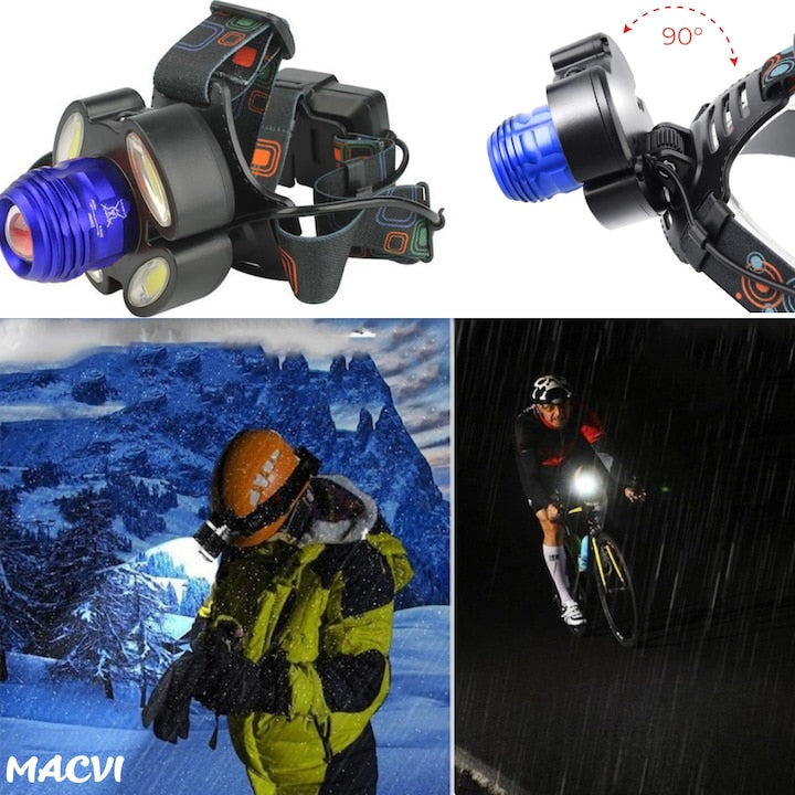 Lanterna frontala de cap Macvi® cu 5 LED-uri, iluminare puternica, banda elastica reglabila pentru confort maxim, ideala pentru drumetii si activitati afara
