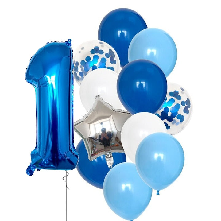 Set 12 Baloane Teno®, Cifra 1, pentru Petreceri/Aniversari/Evenimente, Stea/Rotunde/Confetti, 3 culori, latex, albastru
