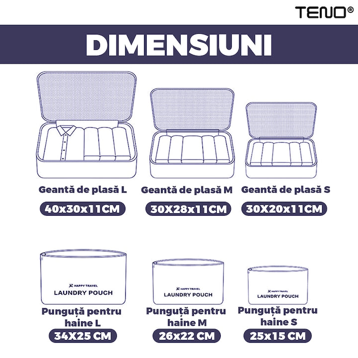 Set 6 Organizatoare Teno®, pentru calatorie, diferite marimi, bagaj de voiaj, valiza, troler, genti, haine, accesorii, inchidere cu fermoar dublu, plasa, albastru inchis