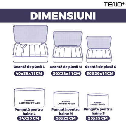 Set 6 Organizatoare Teno®, pentru calatorie, diferite marimi, bagaj de voiaj, valiza, troler, genti, haine, accesorii, inchidere cu fermoar dublu, plasa, albastru inchis