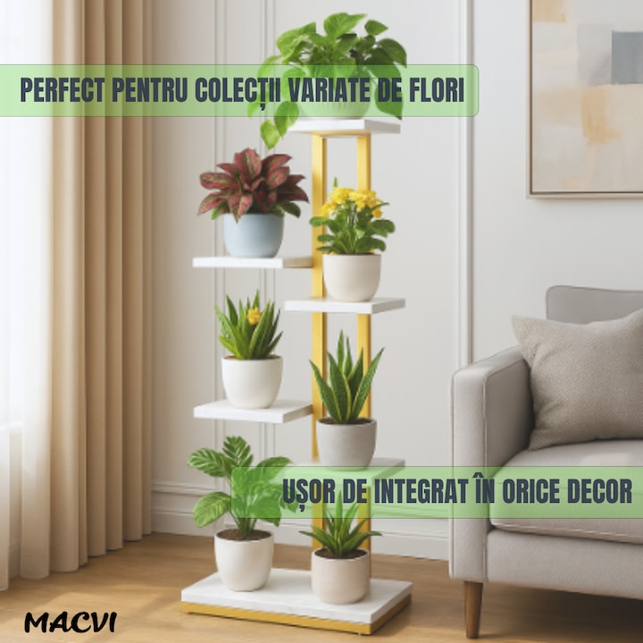 Suport ghivece flori si plante Macvi® cu 6 rafturi, design modern alb si maro, cadru metalic stabil, 113x60x20 cm, pentru interior si exterior