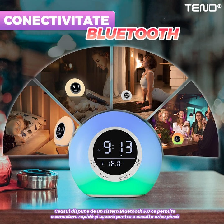 Ceas Desteptator Multifunctional Teno®, Bluetooth, functie de alarma, functie de radio, afisaj temperatura, lumini RGB, autonomie ridicata, rotund