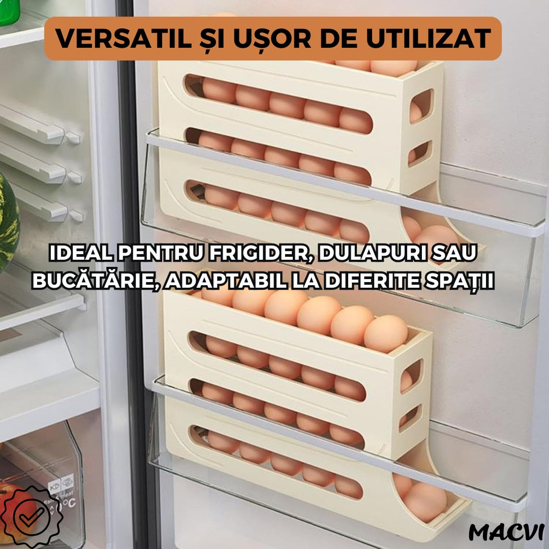 Suport organizator pentru oua Macvi®, 4 niveluri, rulare automata, 30 oua, 36x7x20 cm, alb, economisire inteligenta de spatiu in frigider