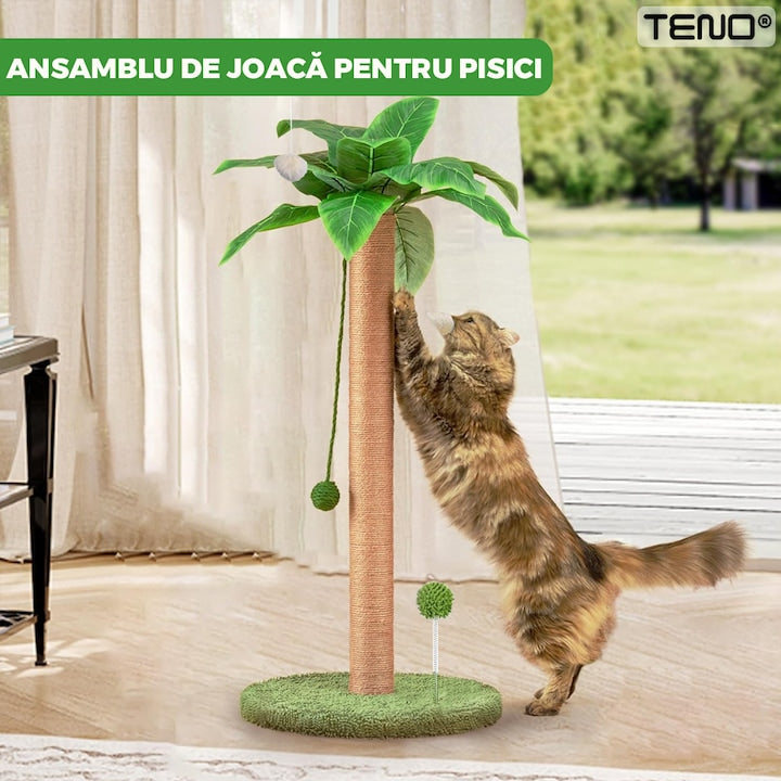 Ansamblu de Joaca pentru Pisici in Forma de Palmier Teno®, tip turn, 1 nivel, franghie si mingiute de joaca, stalpi pentru zgariat, captuseala extra moale, structura stabila, 85 cm, verde